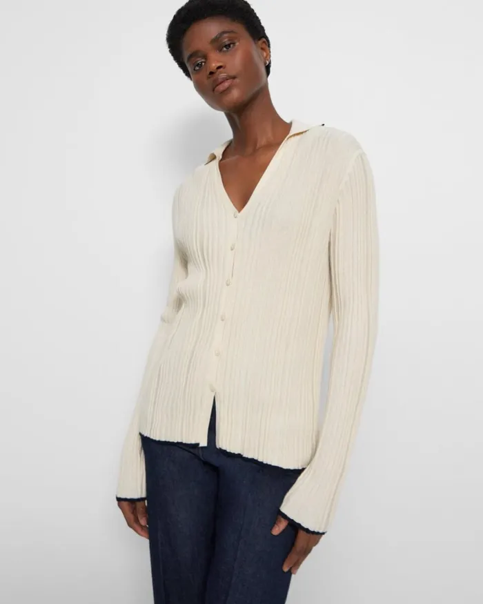 Women Sweaters Cardigans Theory Ribbed Polo Cardigan In CottonCashmere Ecru