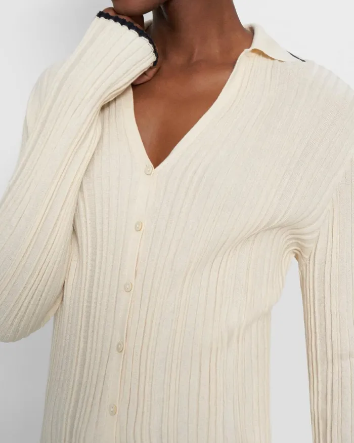 Women Sweaters Cardigans Theory Ribbed Polo Cardigan In CottonCashmere Ecru