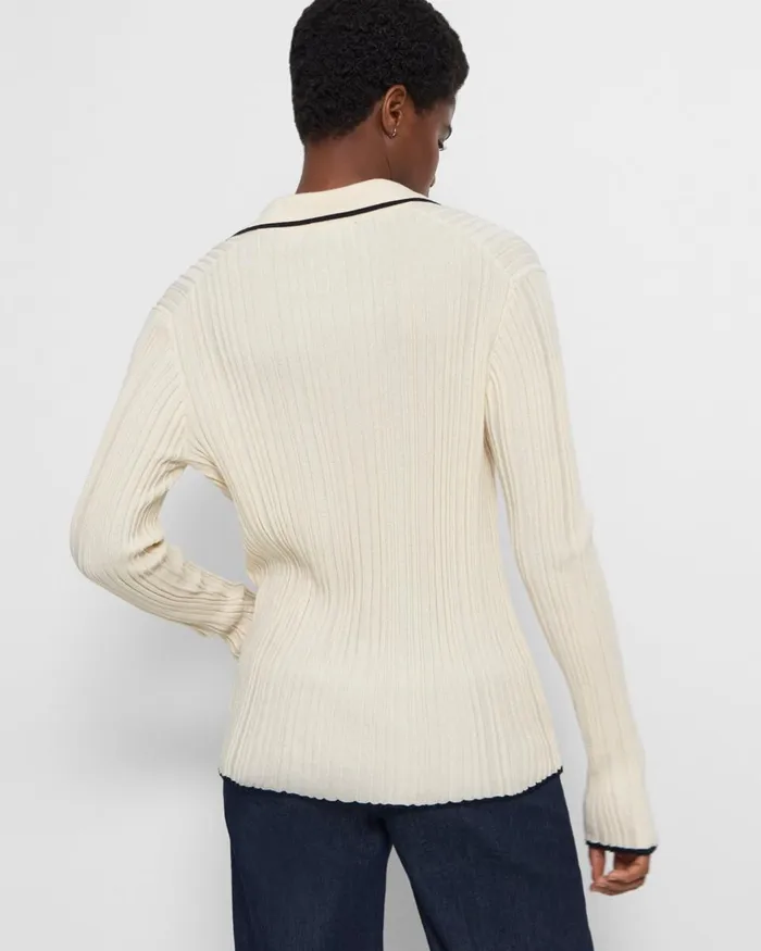 Women Sweaters Cardigans Theory Ribbed Polo Cardigan In CottonCashmere Ecru