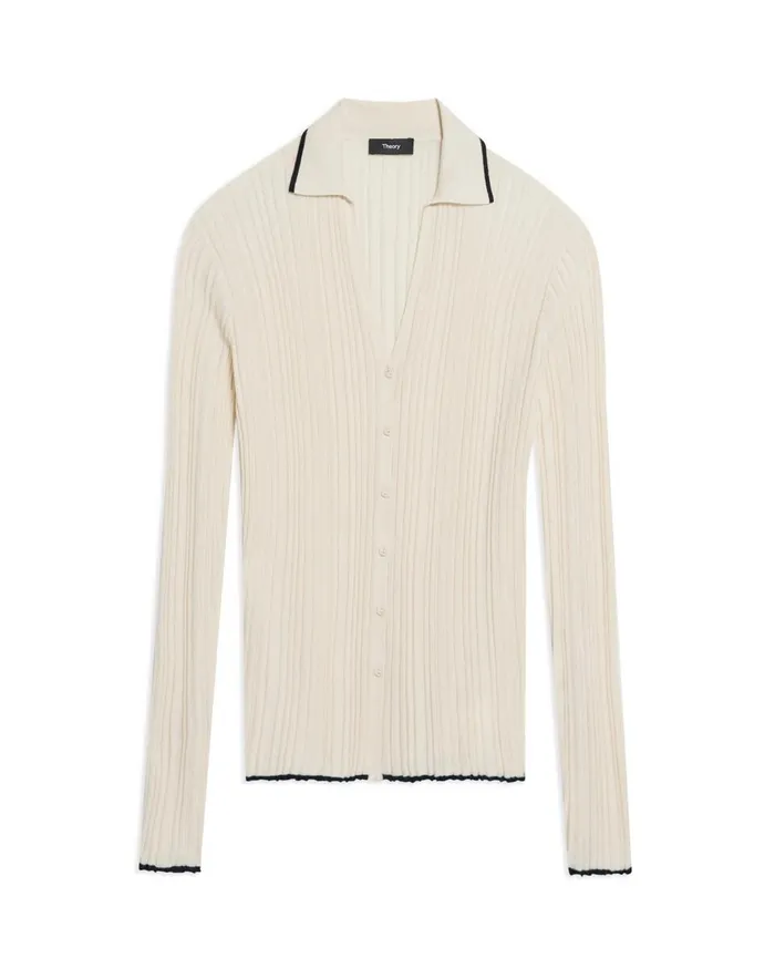Women Sweaters Cardigans Theory Ribbed Polo Cardigan In CottonCashmere Ecru
