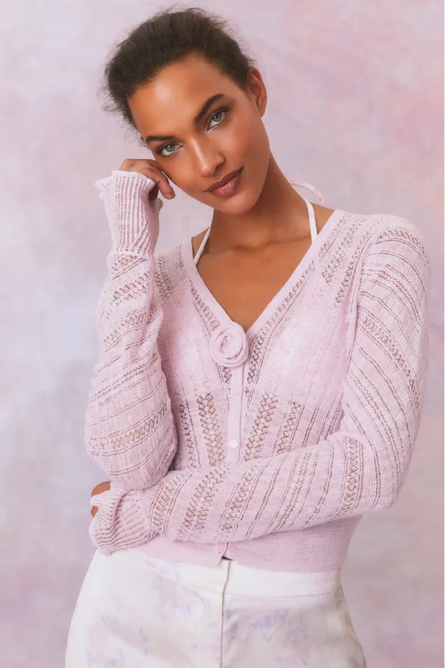 Women Sweaters LoveShackFancy Luz Cotton Pointelle Rosette Cardigan Wistful Pink