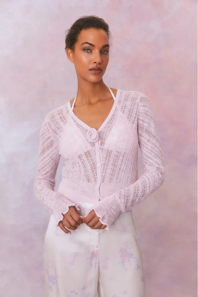 Women Sweaters LoveShackFancy Luz Cotton Pointelle Rosette Cardigan Wistful Pink