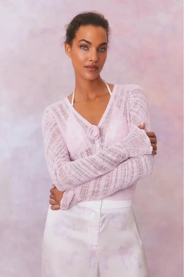Women Sweaters LoveShackFancy Luz Cotton Pointelle Rosette Cardigan Wistful Pink