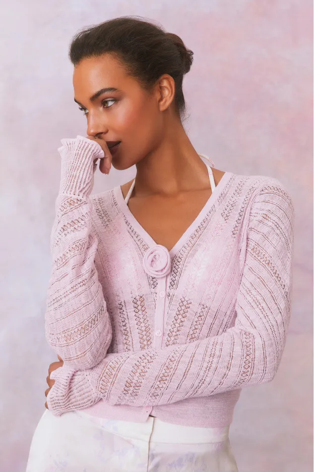 Women Sweaters LoveShackFancy Luz Cotton Pointelle Rosette Cardigan Wistful Pink