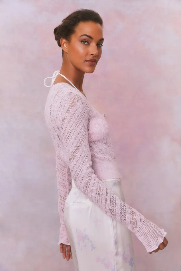 Women Sweaters LoveShackFancy Luz Cotton Pointelle Rosette Cardigan Wistful Pink