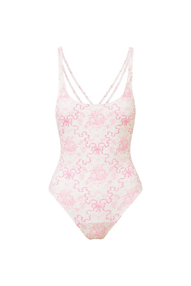 Women Swim LoveShackFancy Dusk Bow Print One Piece Swimsuit Bubblegum Blast