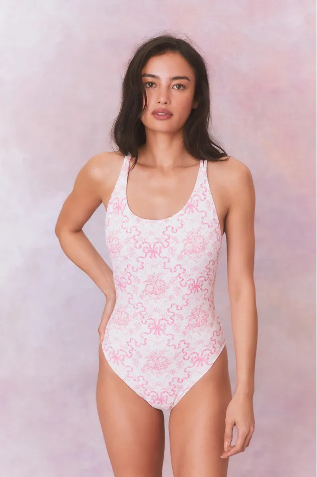 Women Swim LoveShackFancy Dusk Bow Print One Piece Swimsuit Bubblegum Blast