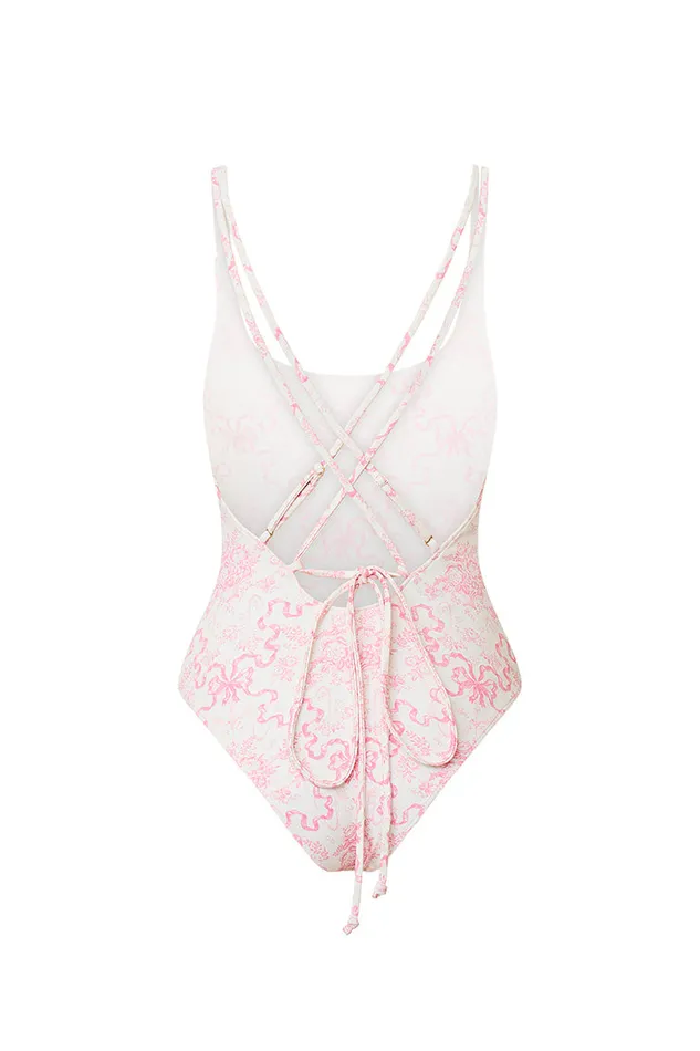 Women Swim LoveShackFancy Dusk Bow Print One Piece Swimsuit Bubblegum Blast
