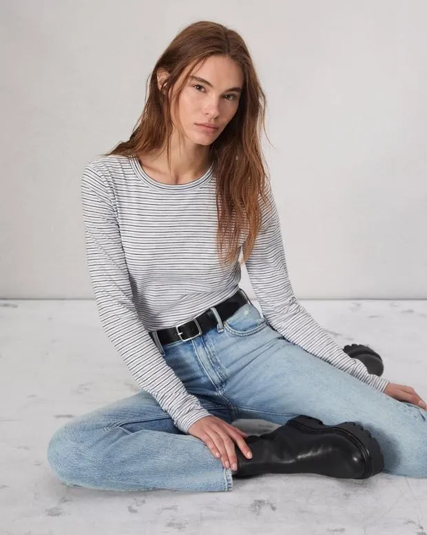 Women TShirts Rag and Bone Slub Long Sleeve Tee White Multi