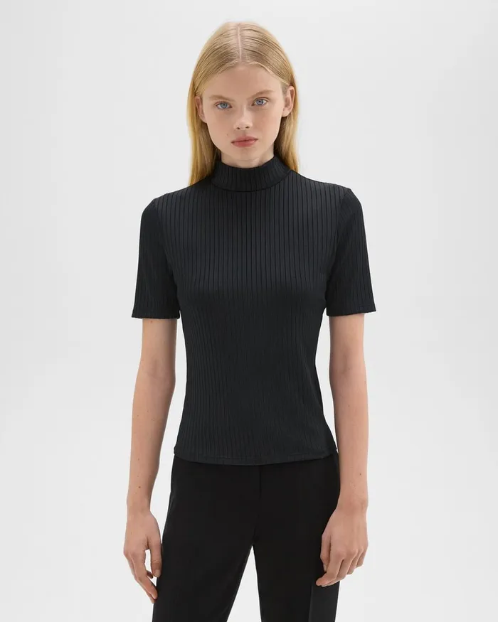 Women TShirts Tank Tops Theory Mock Neck ShortSleeve Top In Rib Knit Black