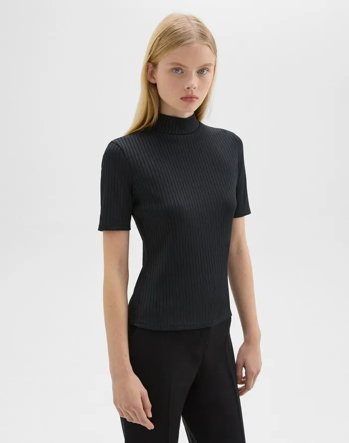 Women TShirts Tank Tops Theory Mock Neck ShortSleeve Top In Rib Knit Black