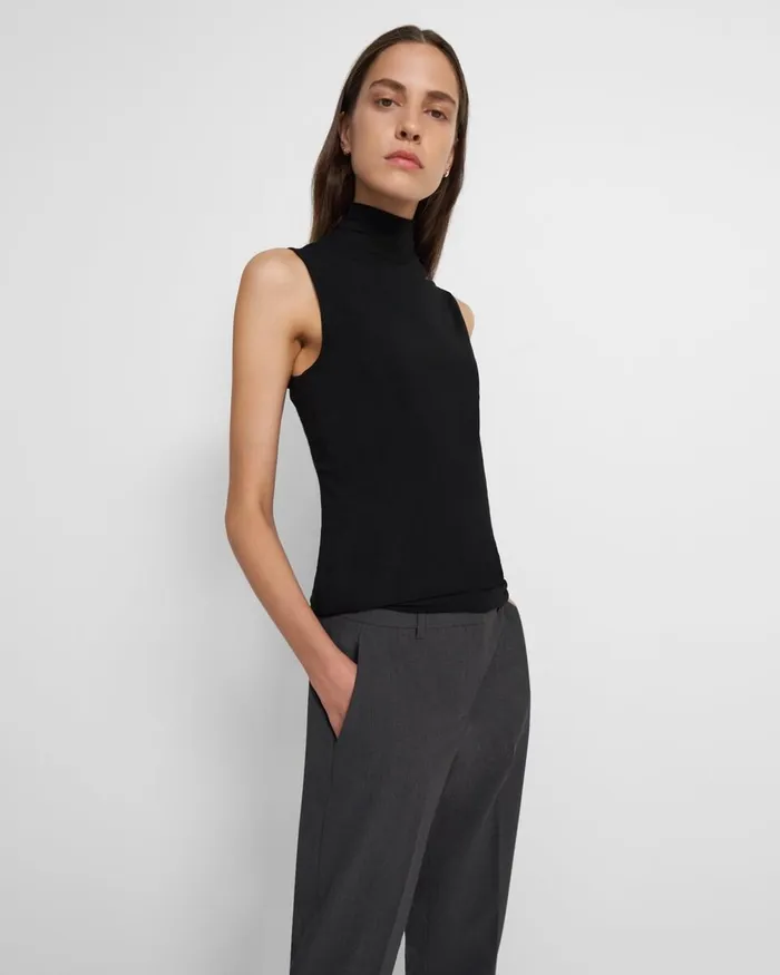 Women TShirts Tank Tops Theory Sleeveless Turtleneck Sweater In Ribbed Viscose Black