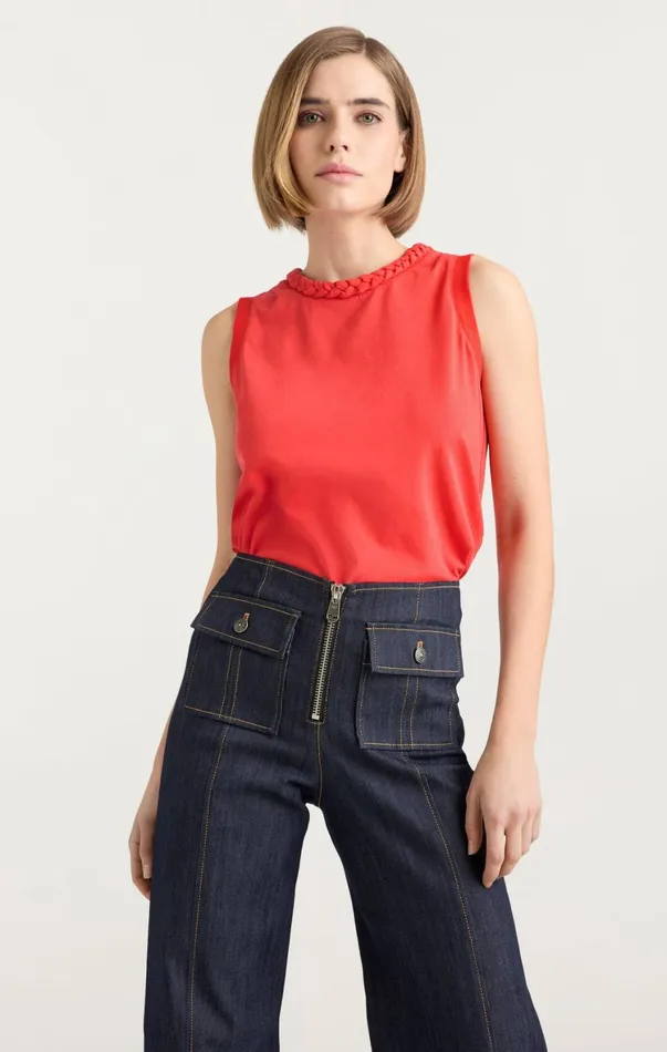 Women Tank Tops and Camisoles Cinq Sept Sleeveless Braided Tee Deep Tangelo