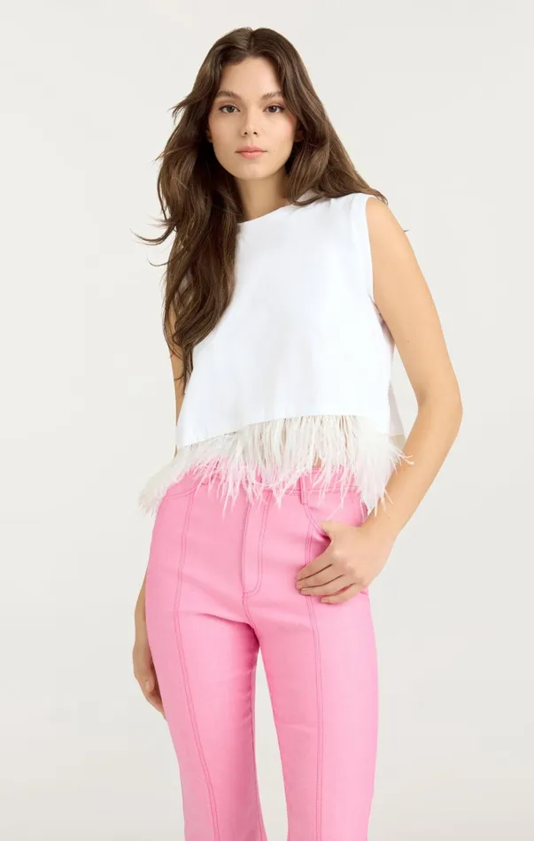 Women Tees and Pullovers Cinq Sept Cropped Feather Tee White