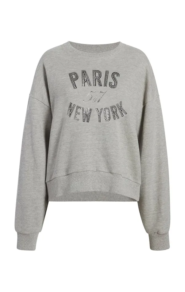 Women Tees and Pullovers Cinq Sept Rhinestone Paris New York Brandy Pullover Heather Greyblack