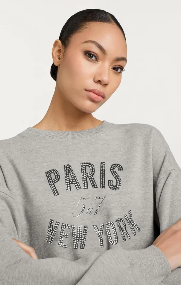 Women Tees and Pullovers Cinq Sept Rhinestone Paris New York Brandy Pullover Heather Greyblack