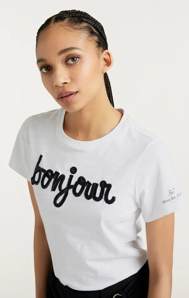 Women Tees and Pullovers Cinq Sept Shrunken Fringe Bonjour Tee Whiteblack