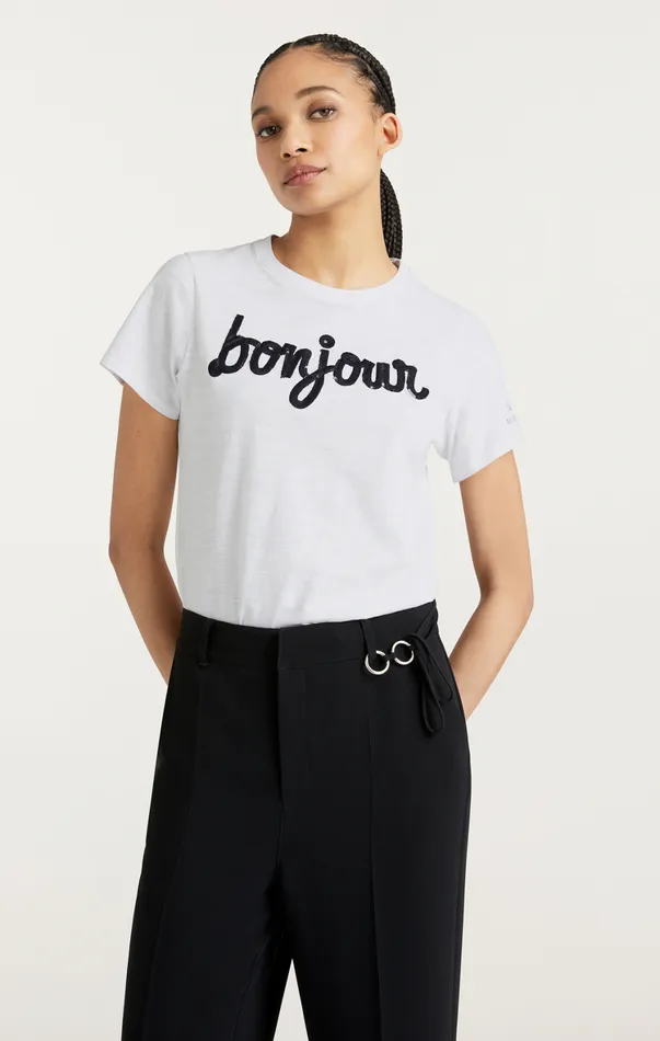 Women Tees and Pullovers Cinq Sept Shrunken Fringe Bonjour Tee Whiteblack
