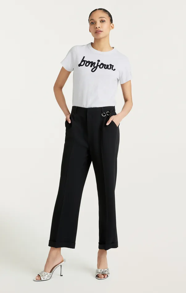 Women Tees and Pullovers Cinq Sept Shrunken Fringe Bonjour Tee Whiteblack