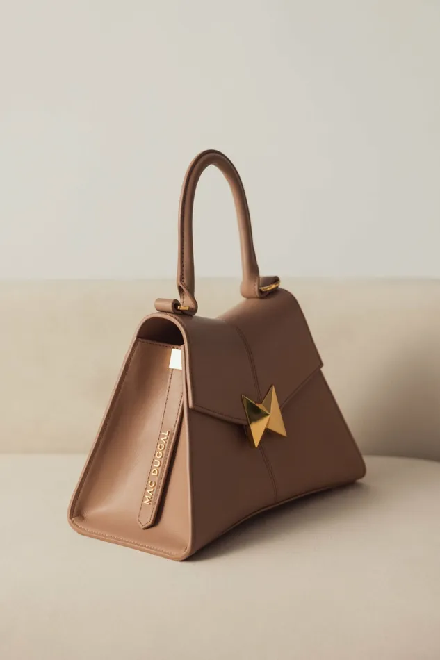 Women Top Handle Bags Mac Duggal Angular Small Taupe Leather Handbag With Gold Hardware Taupe