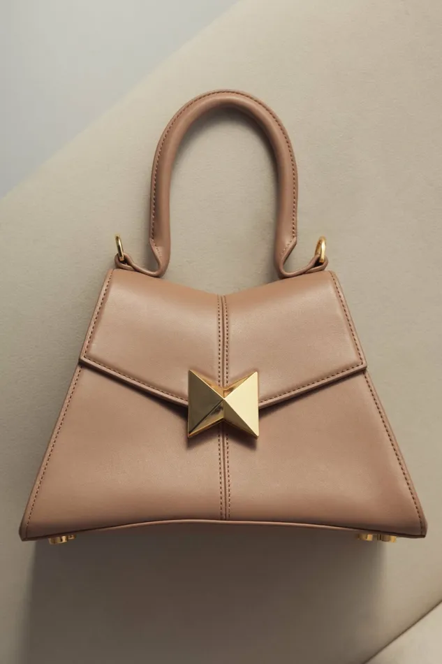 Women Top Handle Bags Mac Duggal Angular Small Taupe Leather Handbag With Gold Hardware Taupe