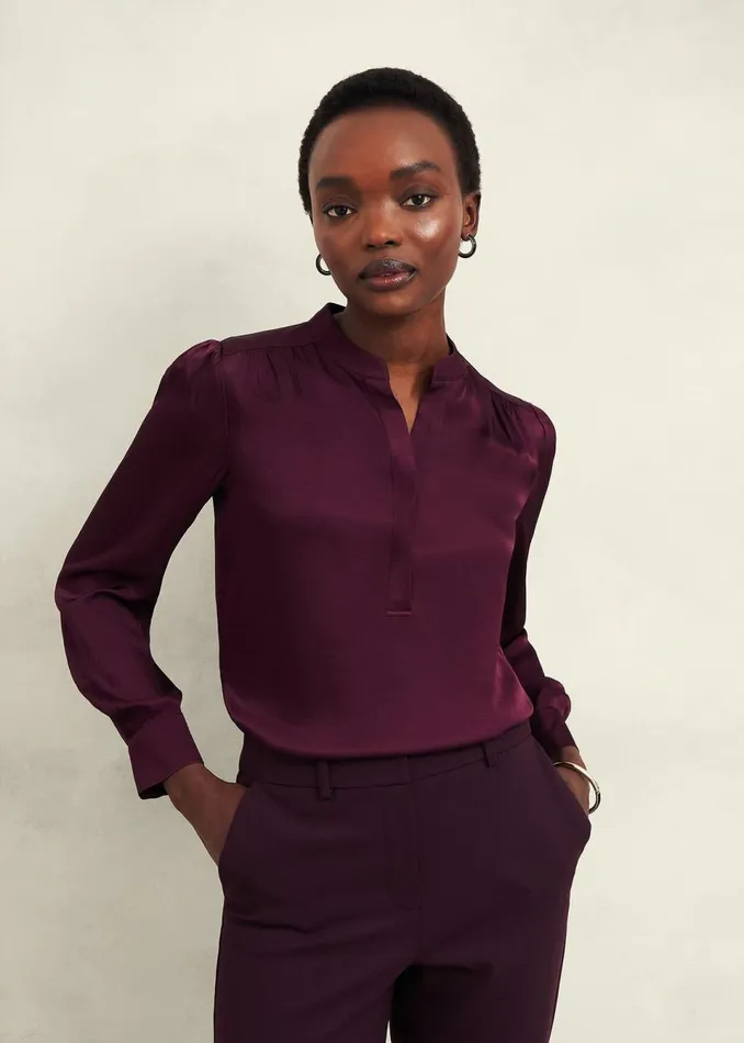 Women Tops Hobbs Jade Satin Blouse Warm Plum