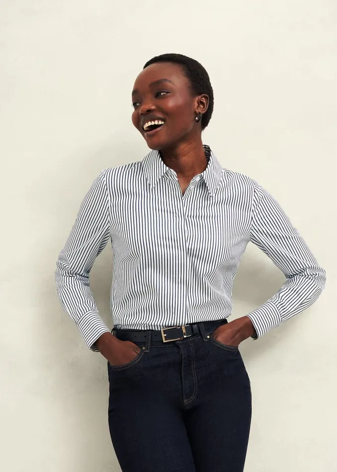 Women Tops Hobbs Victoria Cotton Blend Shirt Blue White
