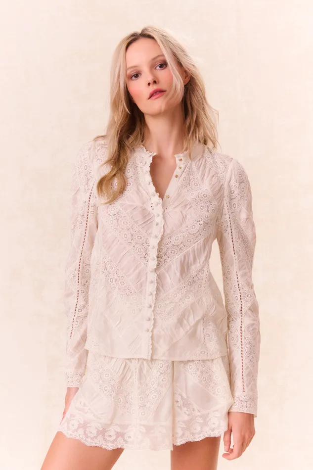 Women Tops LoveShackFancy Isaline Button Down Lace Top Off White