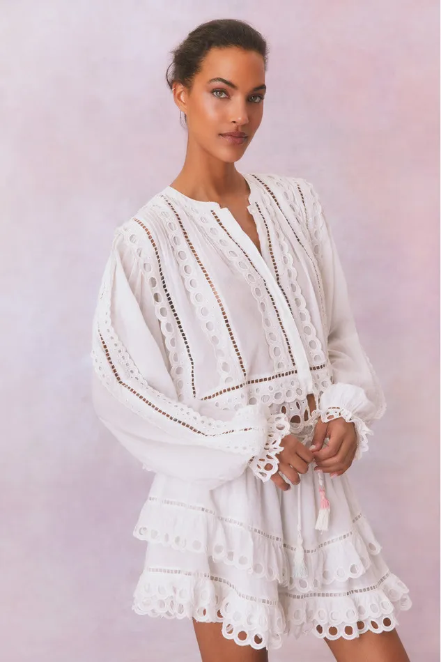 Women Tops LoveShackFancy Kava Eyelet Cotton Blouse Soft White
