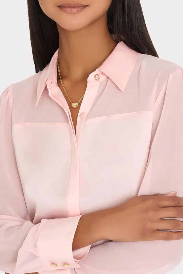 Women Tops Milly Andy Satin Combo Button Up Blouse Blush