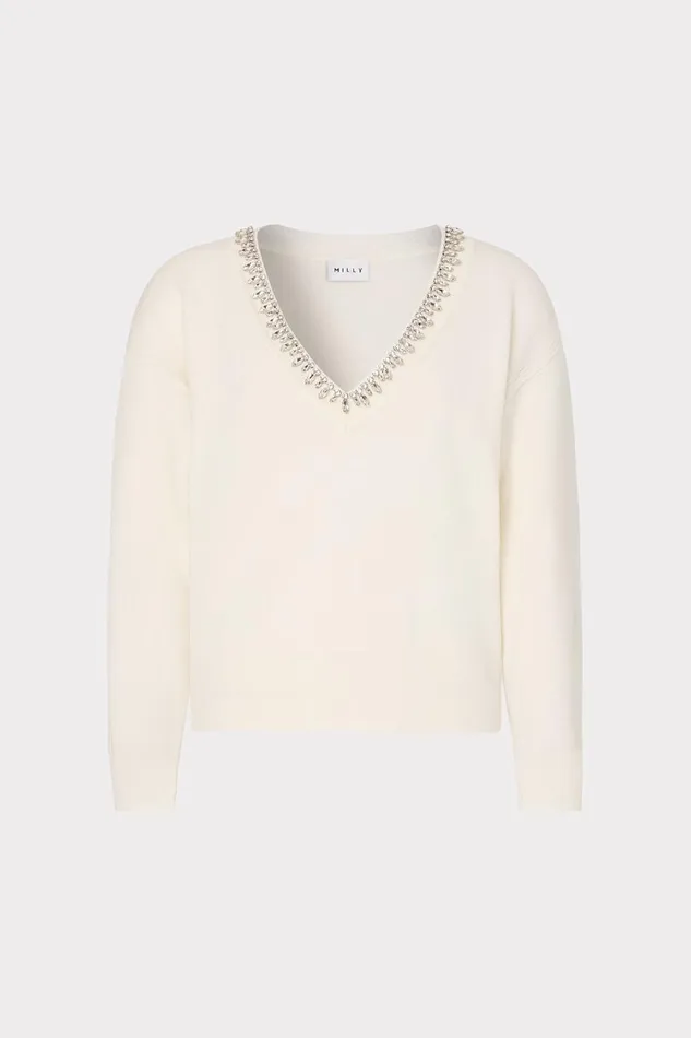 Women Tops Milly Kalia Crystal VNeck Sweater Ecru