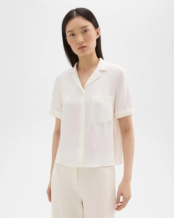 Women Tops Theory Camp Shirt In Silk Georgette Ivory