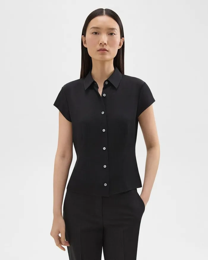 Women Tops Theory Cap Sleeve Shirt In Silk Georgette Black