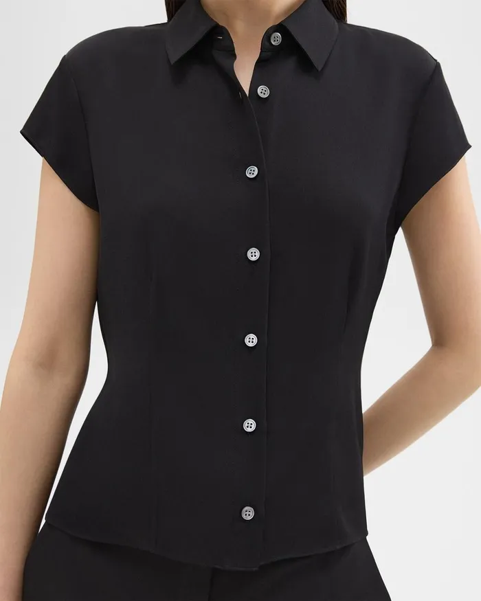 Women Tops Theory Cap Sleeve Shirt In Silk Georgette Black