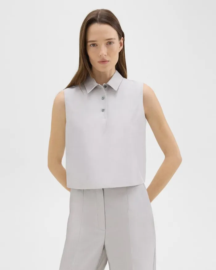Women Tops Theory Cropped Sleeveless Polo In Metallic Silk Twill Ice Grey