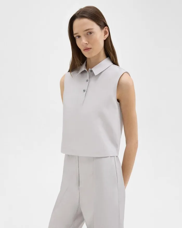 Women Tops Theory Cropped Sleeveless Polo In Metallic Silk Twill Ice Grey