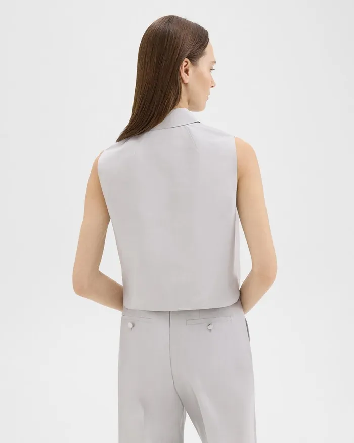 Women Tops Theory Cropped Sleeveless Polo In Metallic Silk Twill Ice Grey