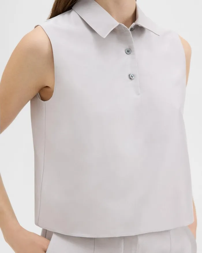Women Tops Theory Cropped Sleeveless Polo In Metallic Silk Twill Ice Grey