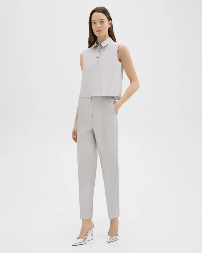 Women Tops Theory Cropped Sleeveless Polo In Metallic Silk Twill Ice Grey
