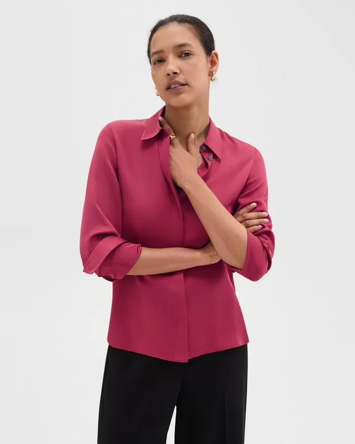 Women Tops Theory Fitted Shirt In Silk Georgette Deep Rose