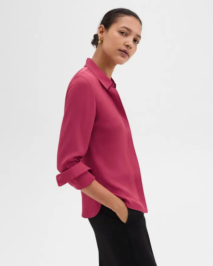 Women Tops Theory Fitted Shirt In Silk Georgette Deep Rose