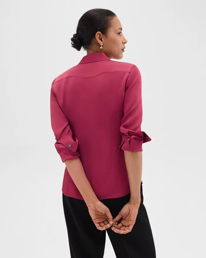 Women Tops Theory Fitted Shirt In Silk Georgette Deep Rose