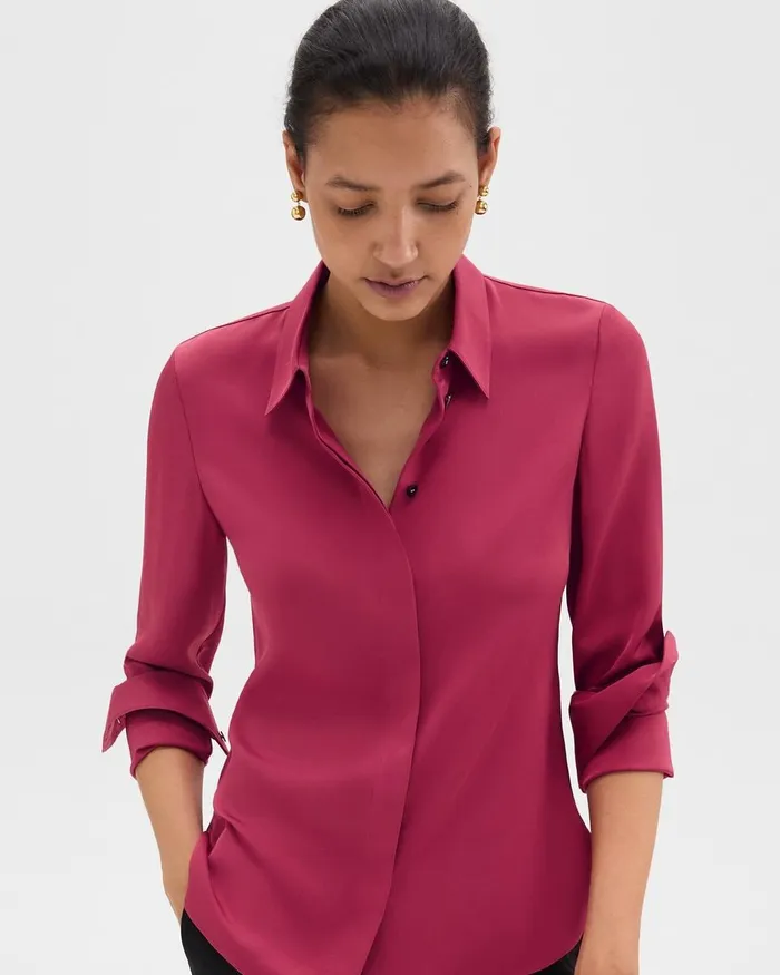Women Tops Theory Fitted Shirt In Silk Georgette Deep Rose