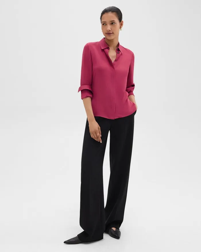 Women Tops Theory Fitted Shirt In Silk Georgette Deep Rose