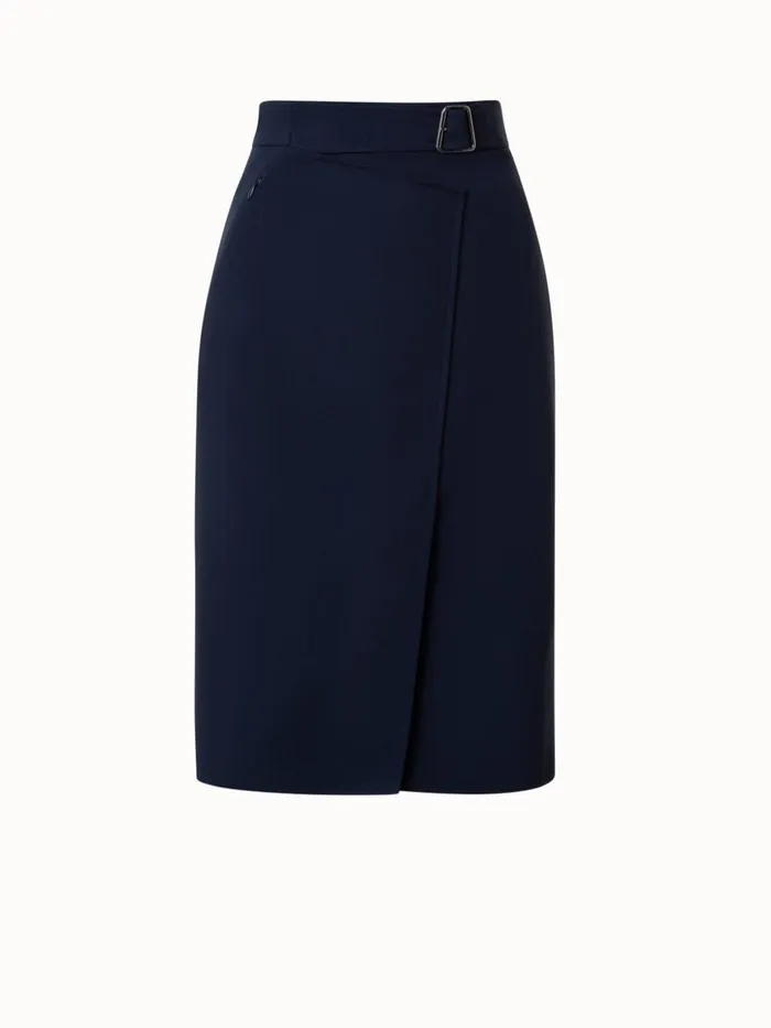 Wool DoubleFace Wrap Effect Pencil Skirt Navy Women Akris Skirts