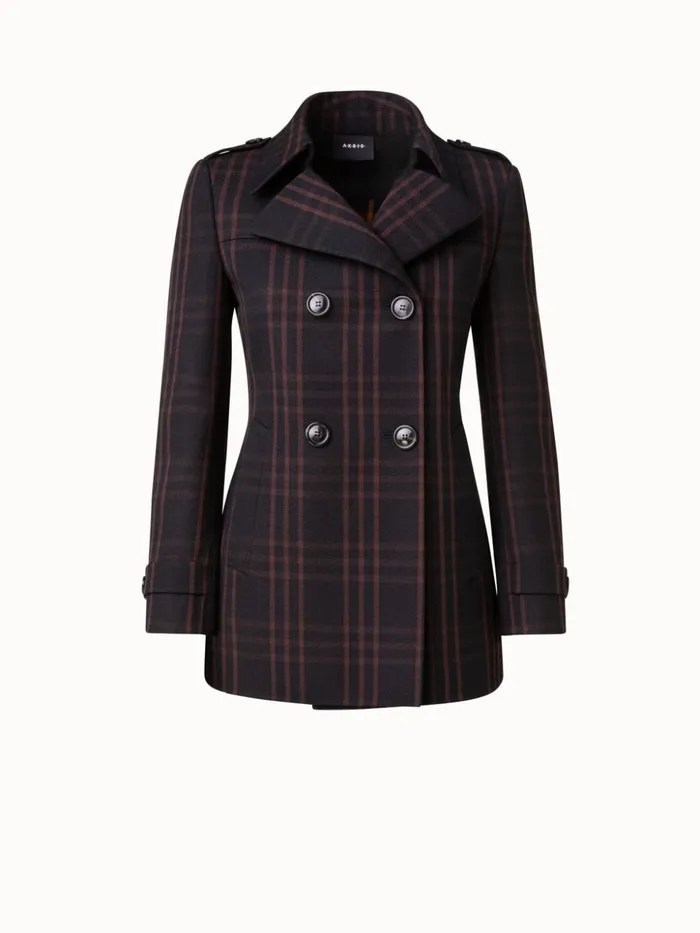 Wool DoubleWeave Peacoat With Window Pane Check Blackmocca Women Akris Jackets