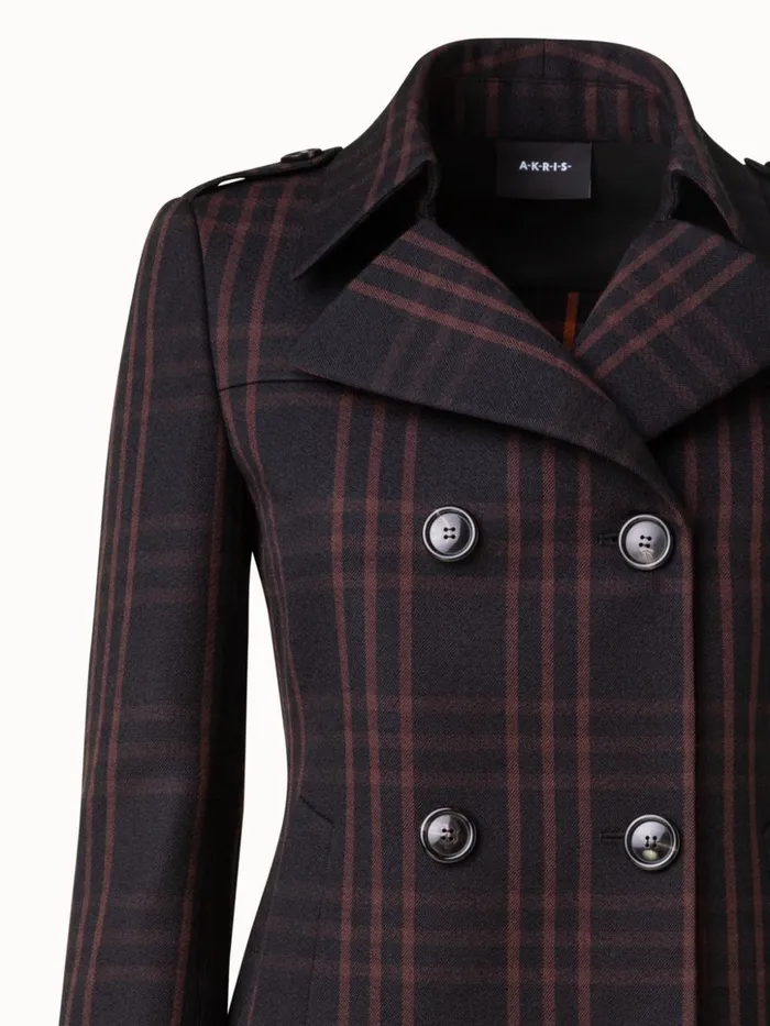 Wool DoubleWeave Peacoat With Window Pane Check Blackmocca Women Akris Jackets