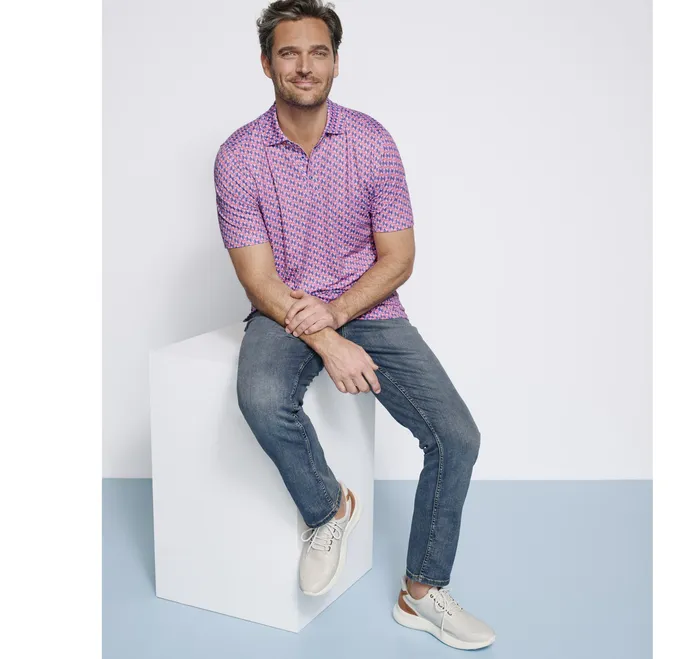 XC4 Performance Print Polos Cool Degree Pink Toucan Men Polos and Tees Johnston and Murphy