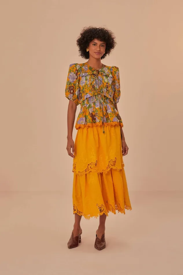 Yellow Mustard Tiered Lace Midi Skirt Women Farm Rio Skirts