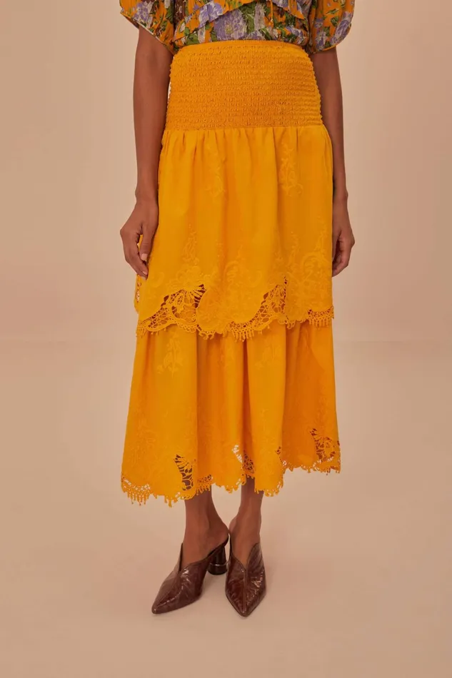 Yellow Mustard Tiered Lace Midi Skirt Women Farm Rio Skirts